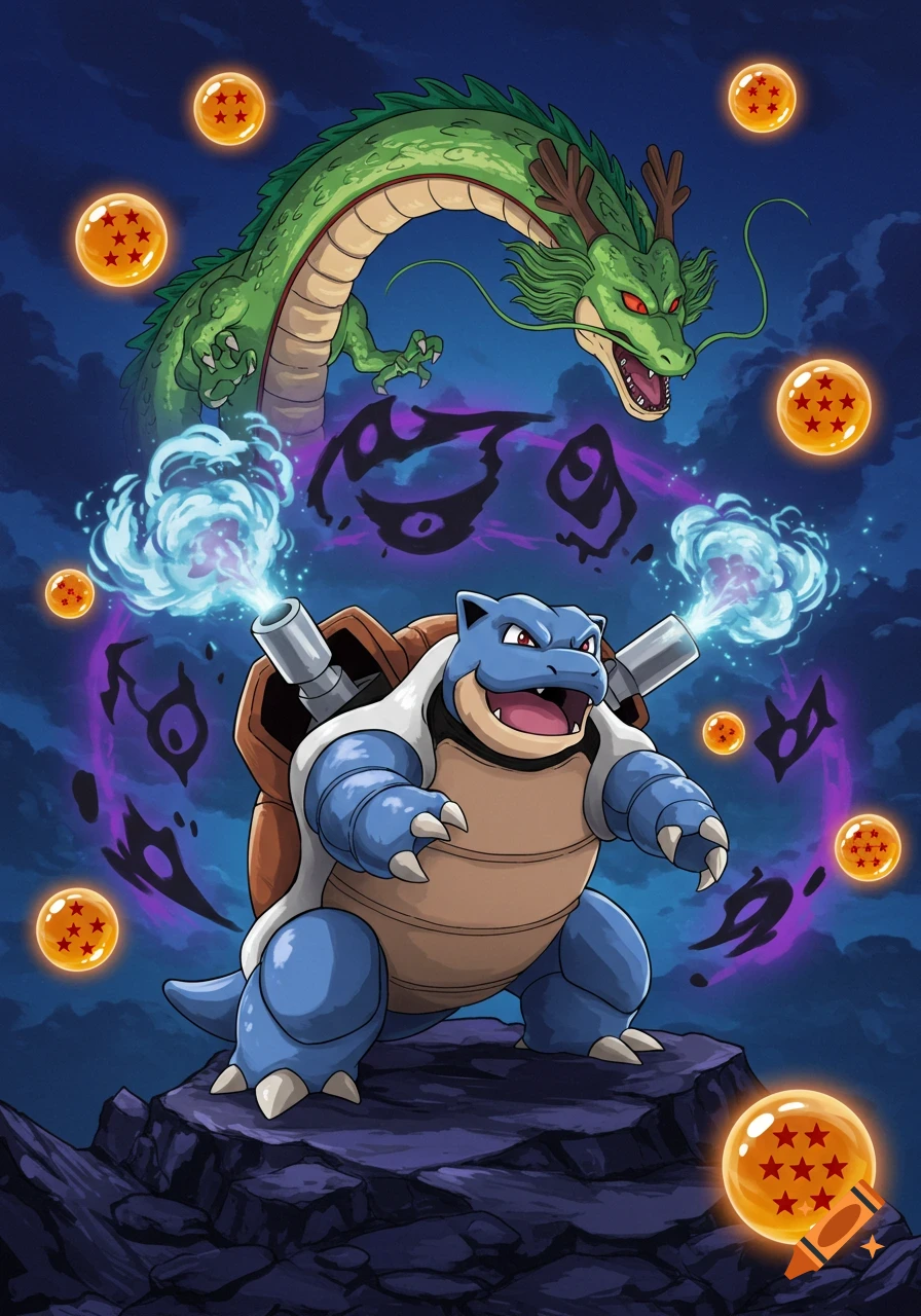 A blue Blastoise on rocks with water cannons, a green Shenron dragon in the sky, surrounded by glowing orange Dragon Balls.