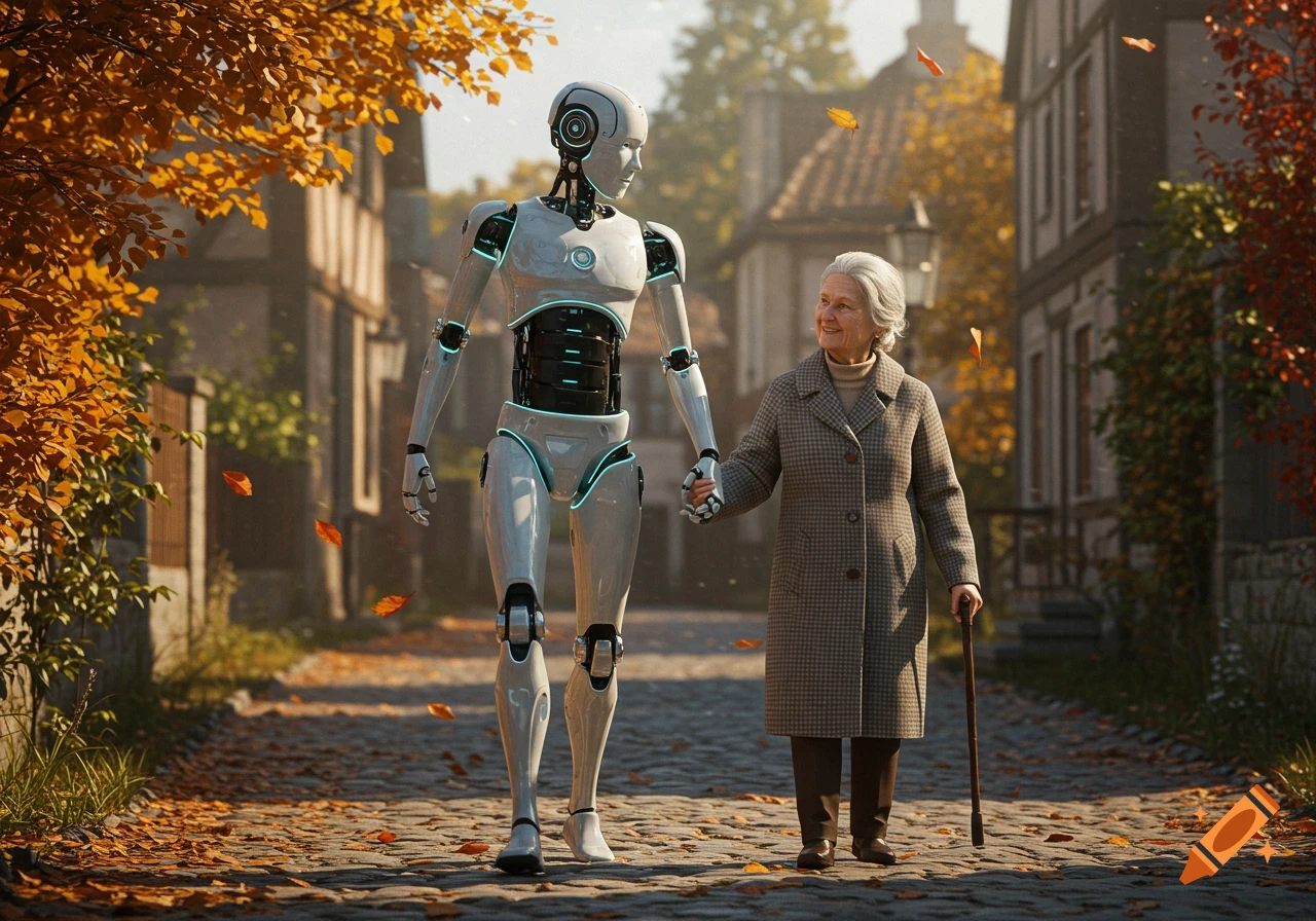 A tall humanoid robot and an elderly woman walk hand-in-hand down an autumn cobblestone street, lined with old buildings.