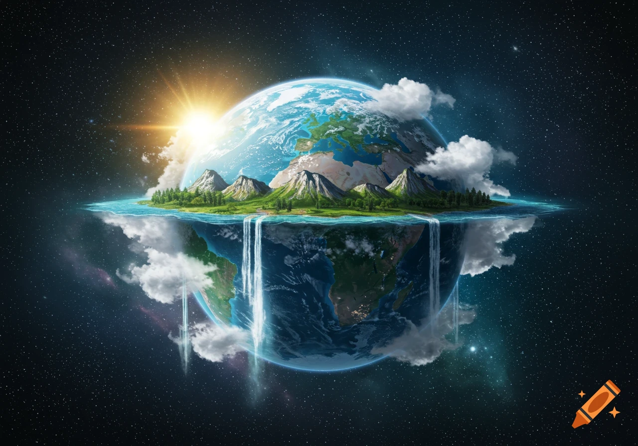 A surreal, cutaway Earth floats in space, with land, mountains, and forests on its top half, and waterfalls cascading into the starry cosmos below.