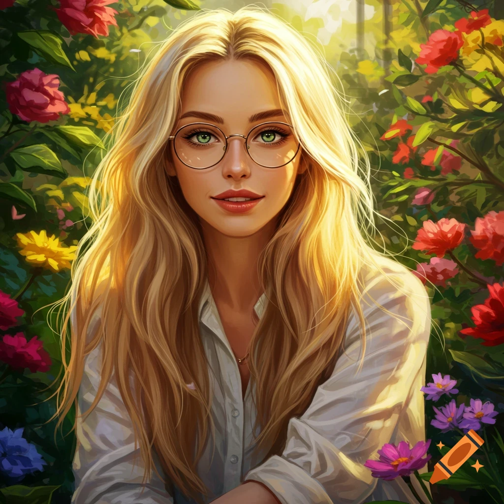 Digital painting of a beautiful woman with long blonde hair, green eyes, and glasses, surrounded by colorful flowers in a sunlit garden.