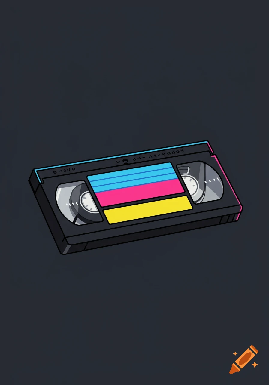 A stylized black VHS tape with bright blue, pink, and yellow stripes on a dark gray background.