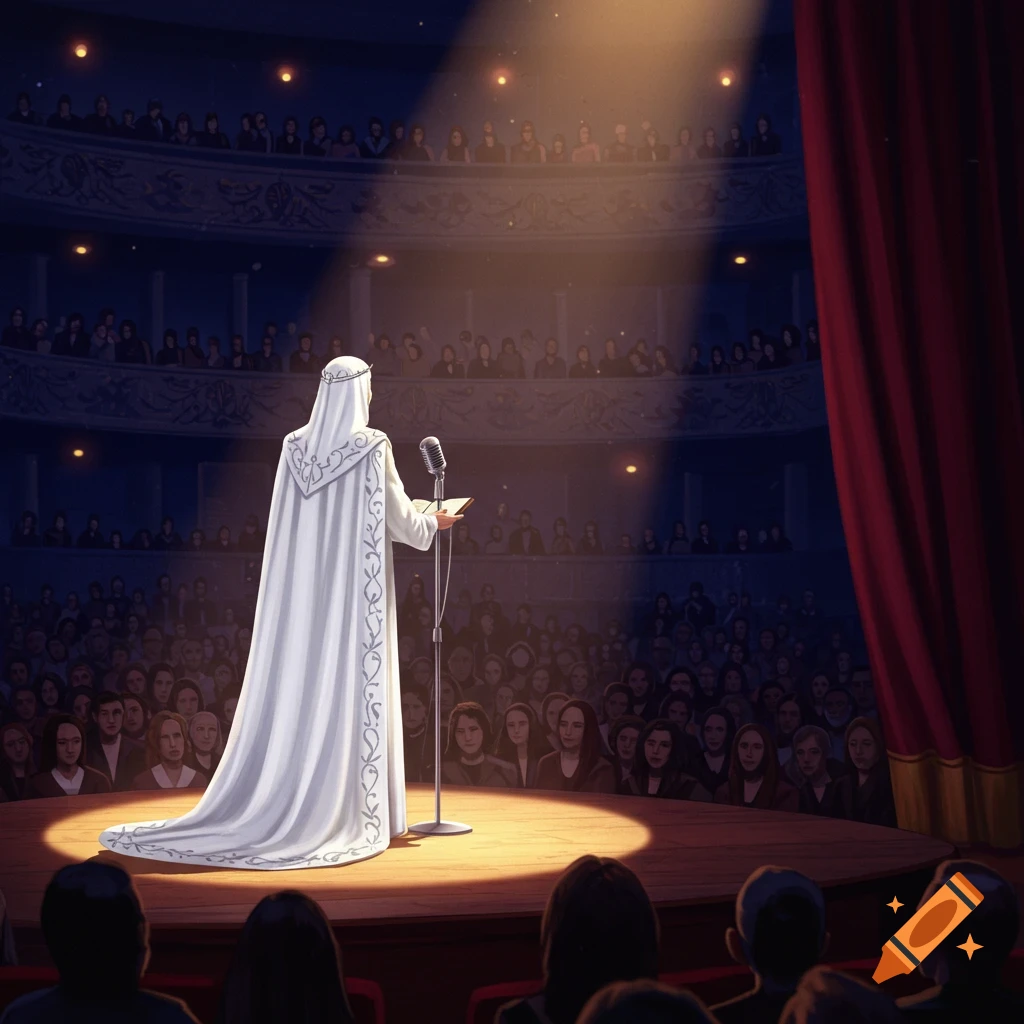 A white-robed figure stands on a spotlighted stage with a microphone, addressing a large audience in a dark theater.