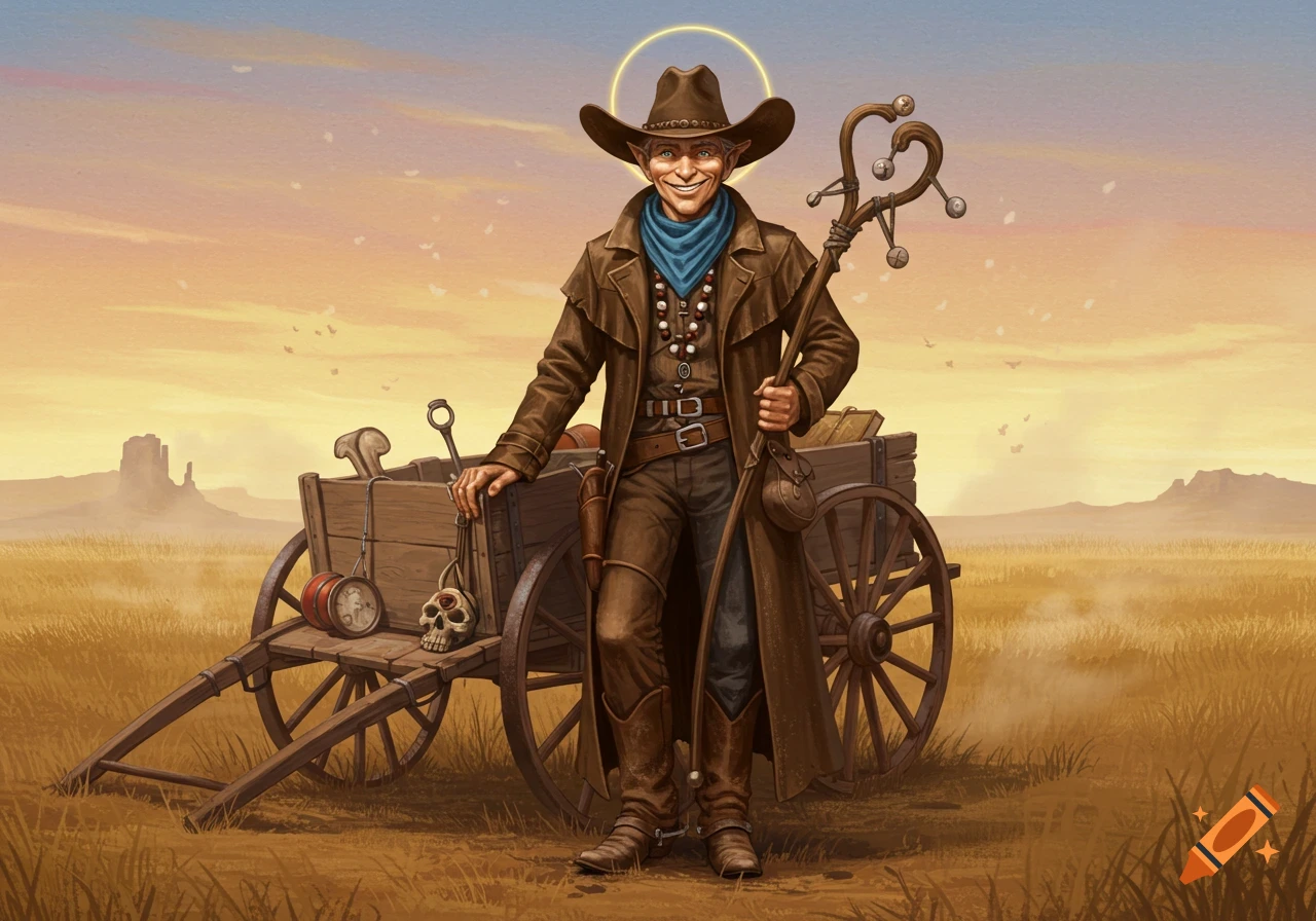 An elf-eared cowboy with a halo holds a staff, standing next to a wooden cart in a sun-drenched western landscape, in a digital painting style.