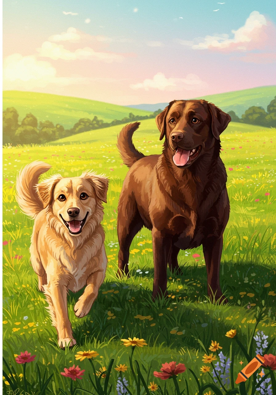 An illustrated scene of a golden retriever and a chocolate Labrador running in a sunny, green field filled with colorful wildflowers.