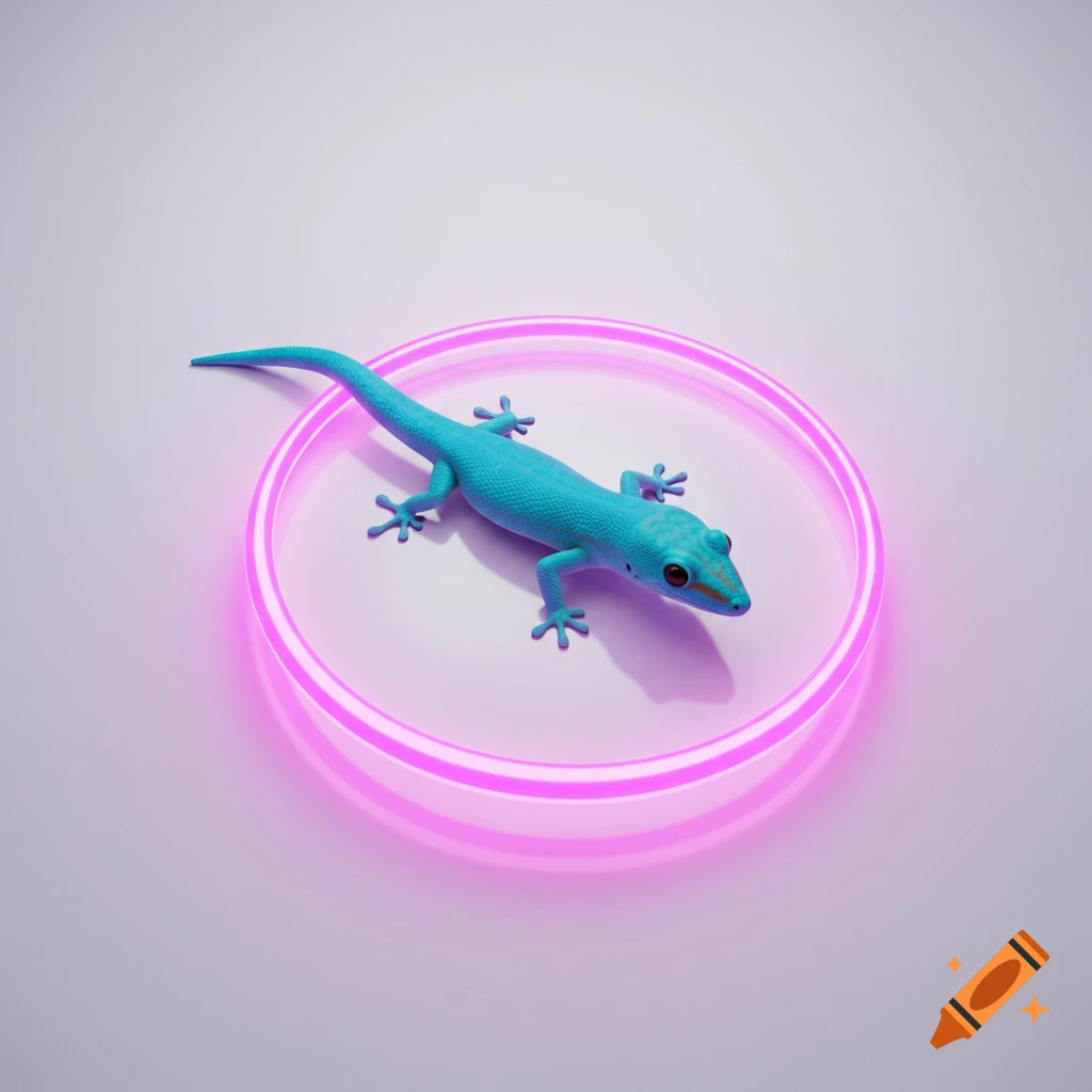 A vibrant turquoise gecko lies within a glowing pink neon ring on a white surface.