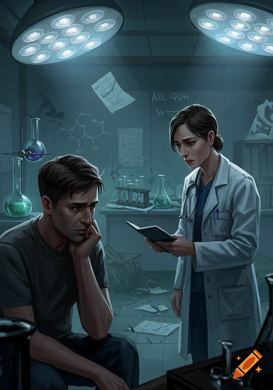 A worried patient looks down as a doctor reads a book in a cluttered, dark medical lab with failed scientific notes on the wall.