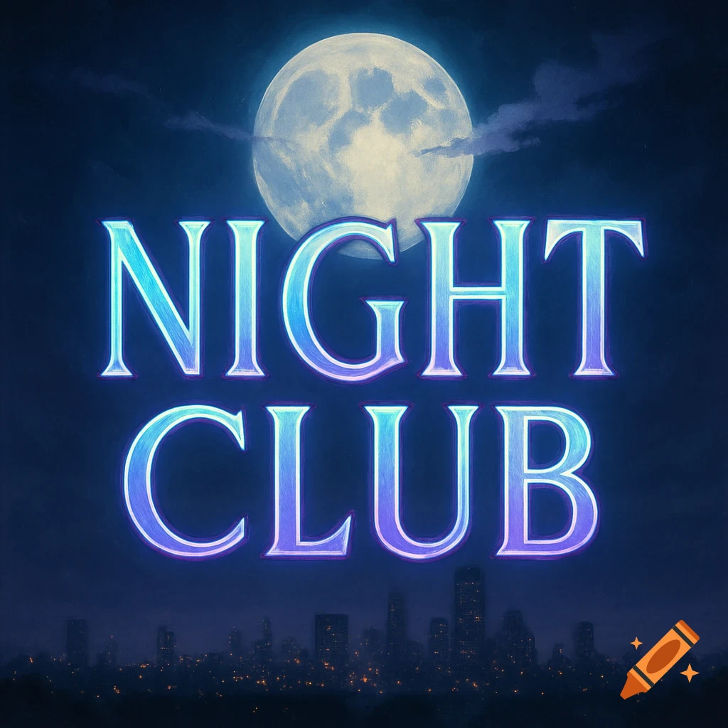 Neon blue and purple 'NIGHT CLUB' text glowing above a dark city skyline under a large full moon in a cloudy night sky.