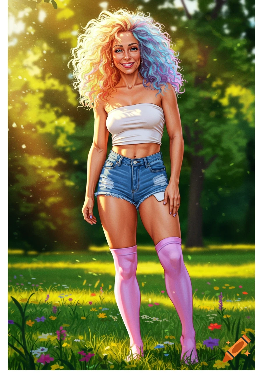 A smiling woman with vibrant rainbow curly hair, wearing a white tube top, denim shorts, and pink thigh-high socks, stands in a sunny field of wildflowers. Digital art.
