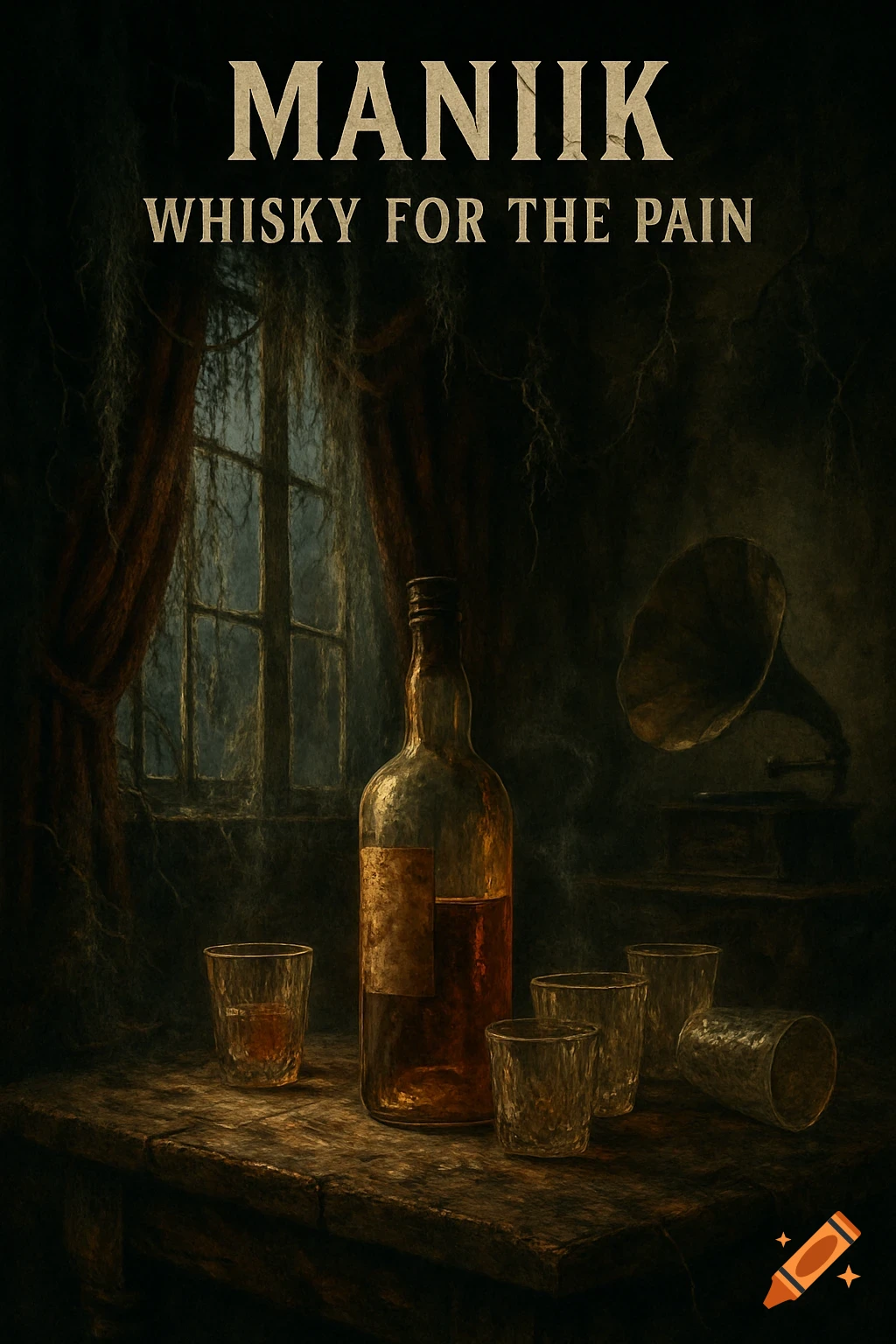 Dark, southern gothic still life of a whisky bottle, several glasses, and a gramophone in a gloomy room with the text "MANIIK WHISKY FOR THE PAIN" at the top.