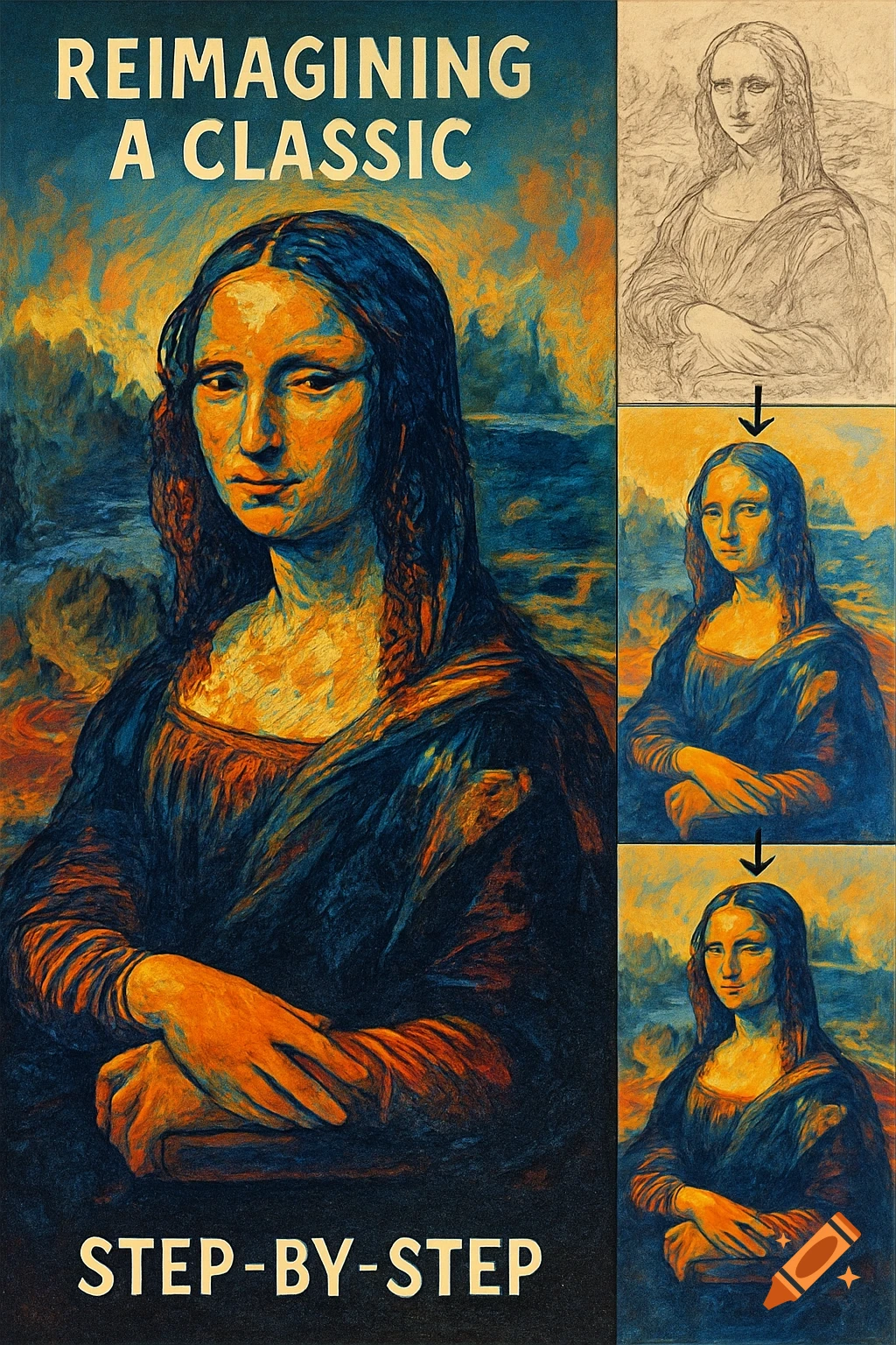A stylized, colorful step-by-step reimagining of the Mona Lisa in an impressionistic art style, showing a sketch to final painting progression with text 'REIMAGINING A CLASSIC' and 'STEP-BY-STEP'.