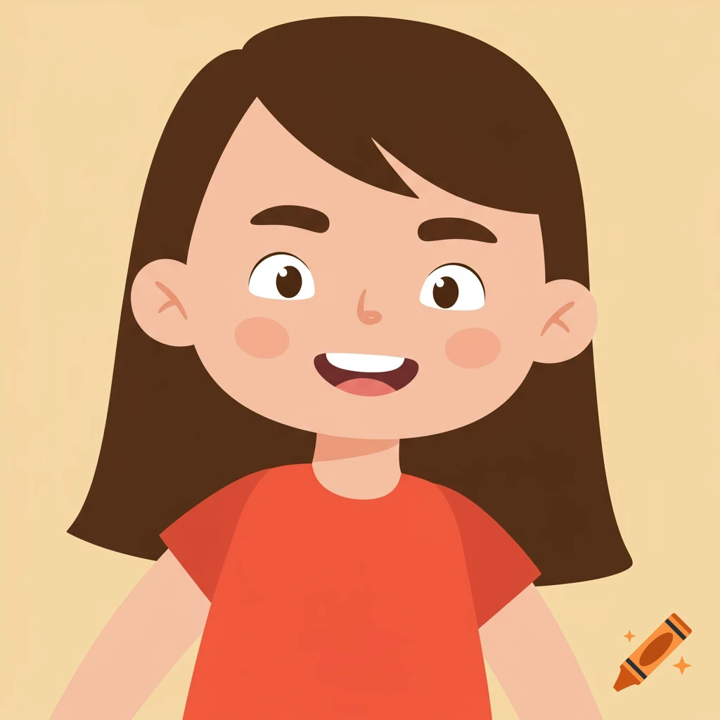 Cartoon illustration of a smiling girl with brown hair and an orange shirt on a plain background.