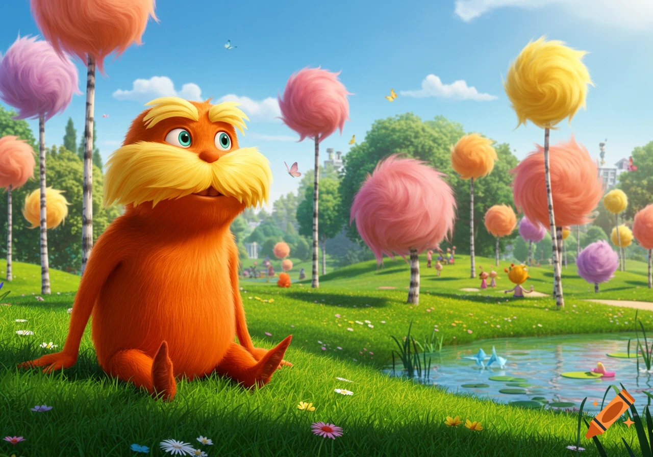 The Lorax sits in a vibrant grassy park with colorful Truffula trees and a pond, under a blue sky.