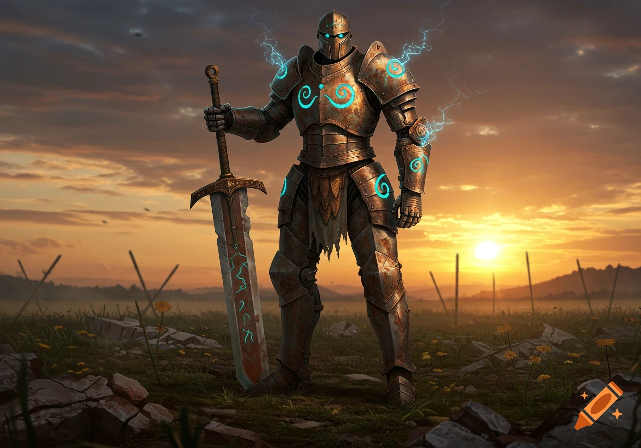 A rusty armored robot paladin stands in a field, holding a large sword with glowing blue runes and lightning, against a sunset sky.