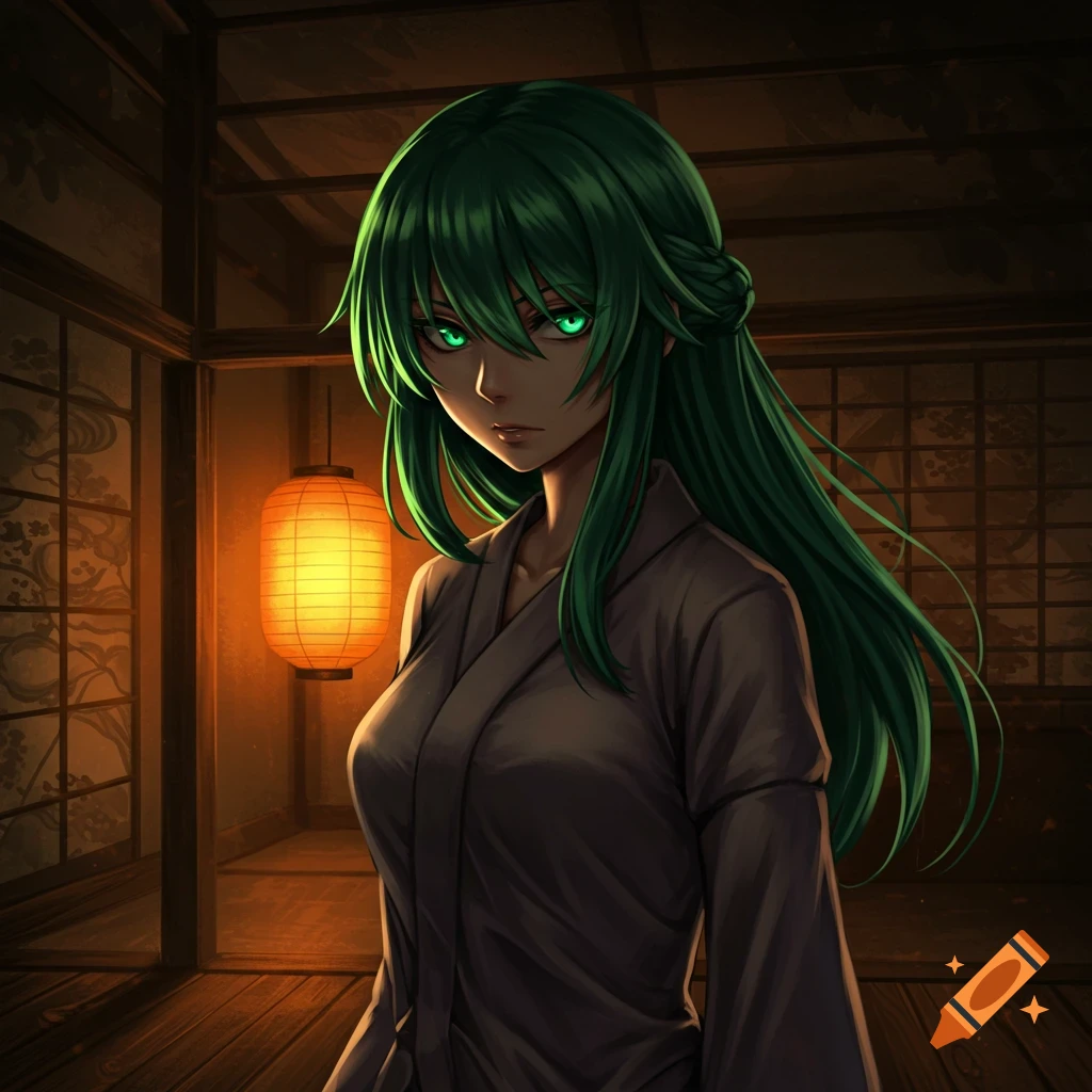 An anime girl with long green hair and glowing green eyes, wearing a grey kimono, stands in a dimly lit traditional Japanese room with a paper lantern.