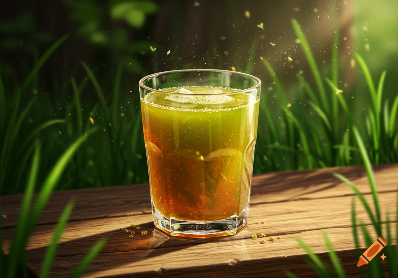 Photorealistic image of a glass of greenish-brown juice with ice on a wooden table, surrounded by lush green grass in sunlight with glowing particles.