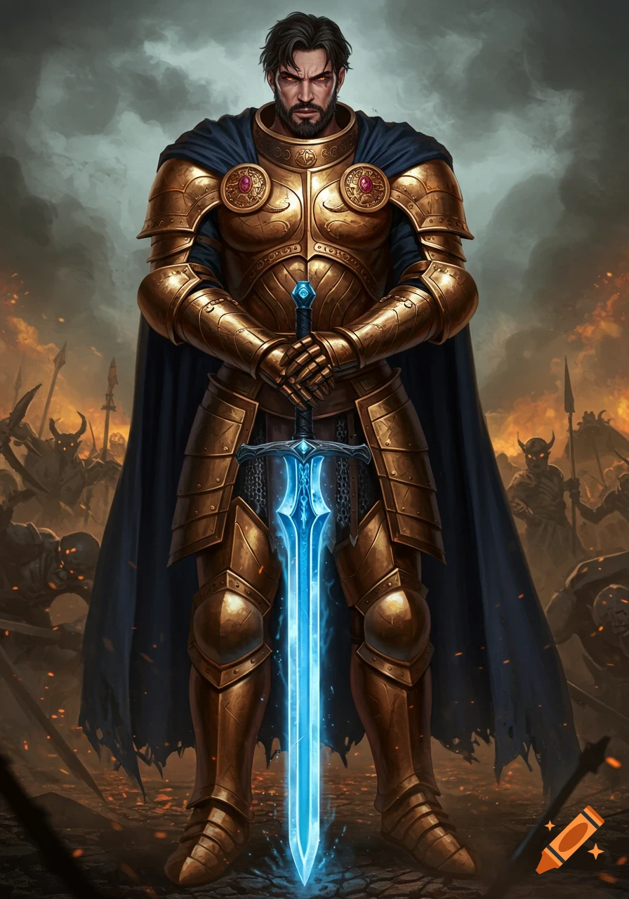 A stern man in glowing golden armor and a blue cape holds a glowing blue sword, standing on a battlefield with demons behind him. Digital art.