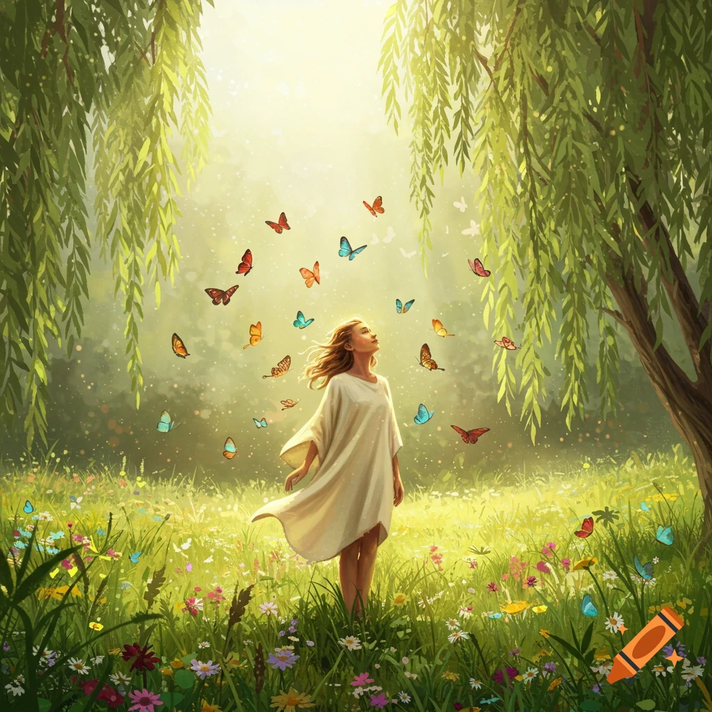 A woman in a white dress stands in a sunny, green field filled with wildflowers, surrounded by numerous colorful butterflies under willow trees.