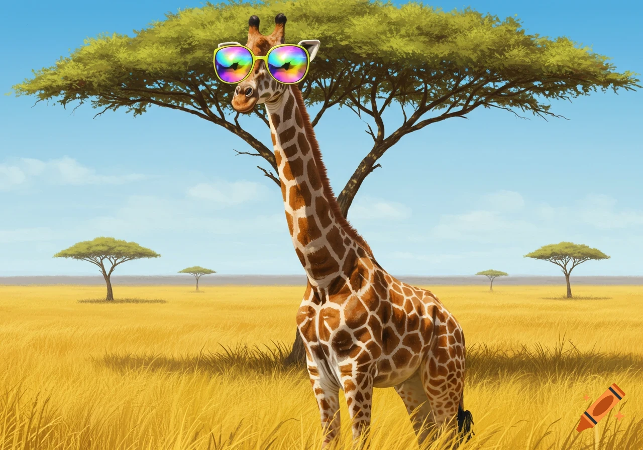 A giraffe wearing colorful reflective sunglasses stands in a golden savanna landscape with acacia trees under a clear blue sky.