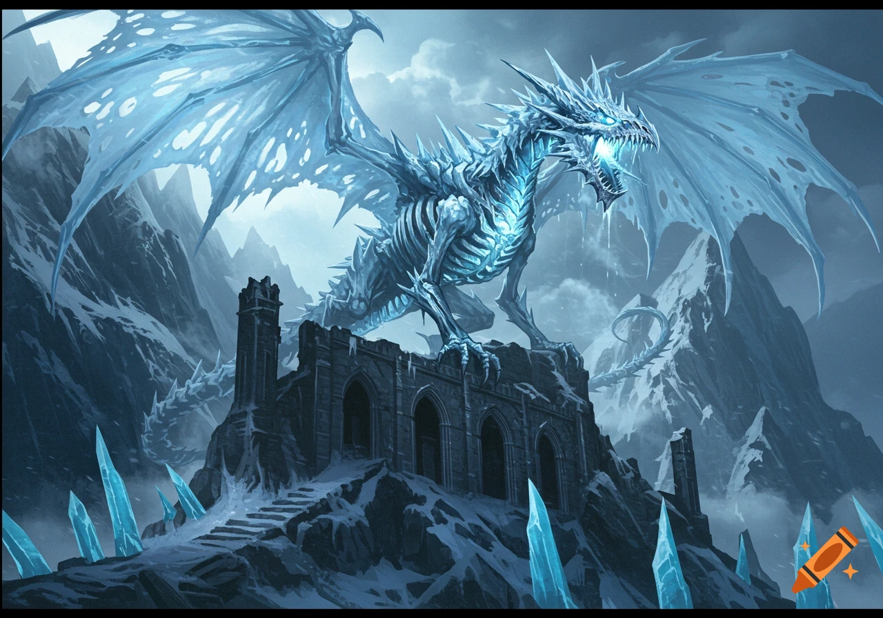An ancient undead ice dragon perches on a ruined fortress in a snowy, mountainous landscape.