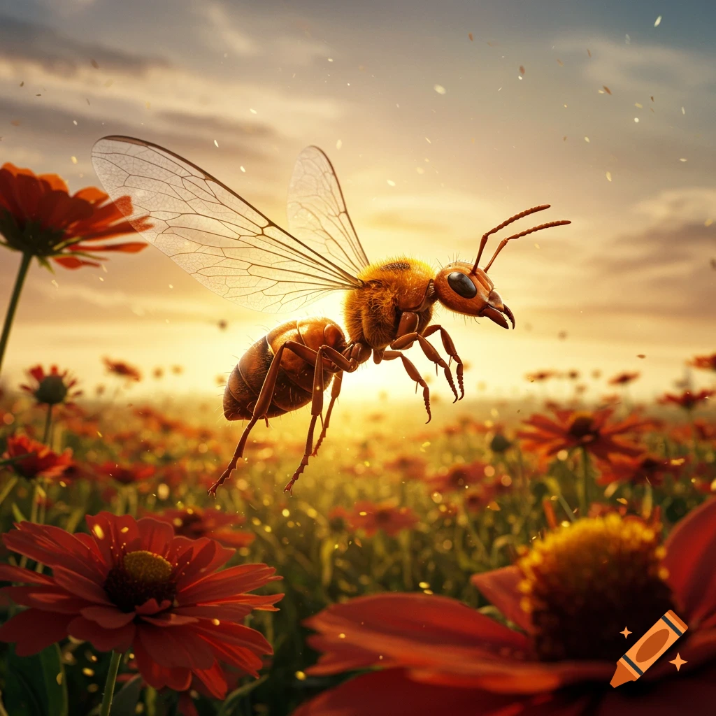 A close-up of a furry ant-bee hybrid with translucent wings flying over a field of red flowers at sunset, golden light.