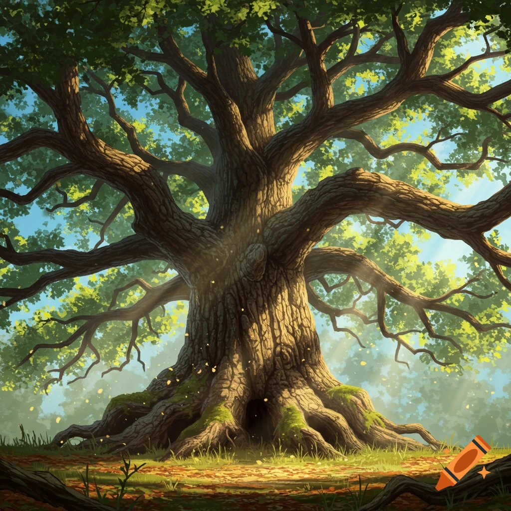 A majestic, ancient oak tree with sprawling branches, illuminated by sunlight filtering through its leaves in a lush forest.