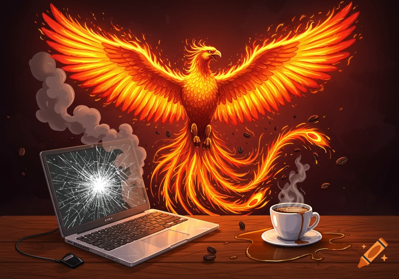 A vibrant, cartoon-realistic fiery phoenix rises above a wooden table with a cracked laptop and spilled coffee.