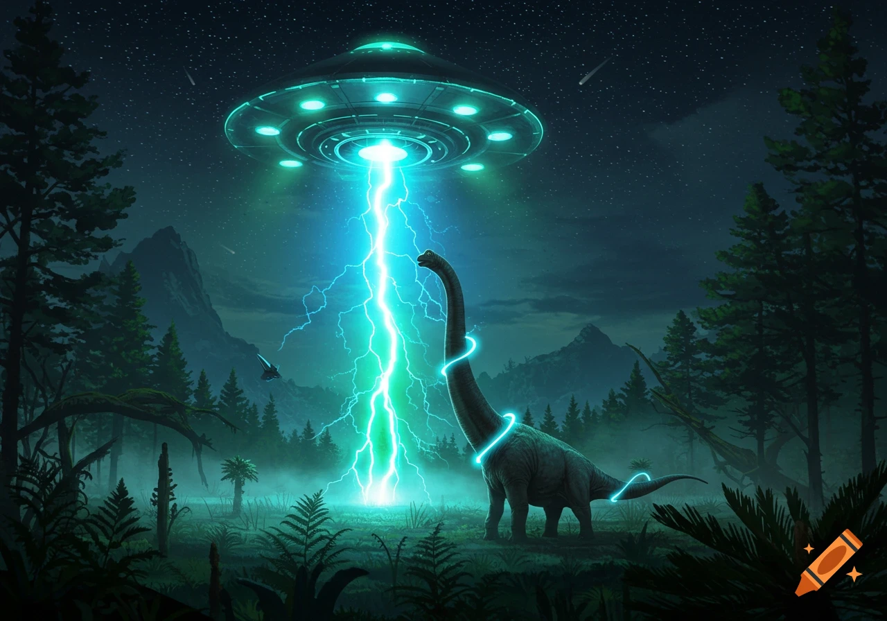 A UFO beams a glowing aqua ray onto a long-necked dinosaur in a dark, misty forest at night under a starry sky, in a fantastical illustration.