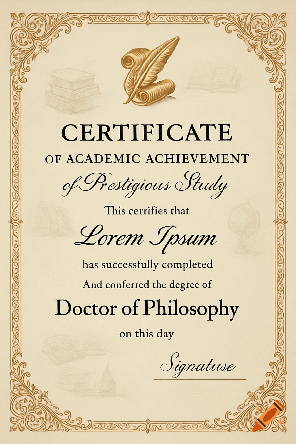 A vintage-style academic certificate on aged paper with a decorative gold border. It features a quill and scrolls at the top, along with faded images of books and a globe. Text includes "CERTIFICATE OF ACADEMIC ACHIEVEMENT" and "Doctor of Philosophy."