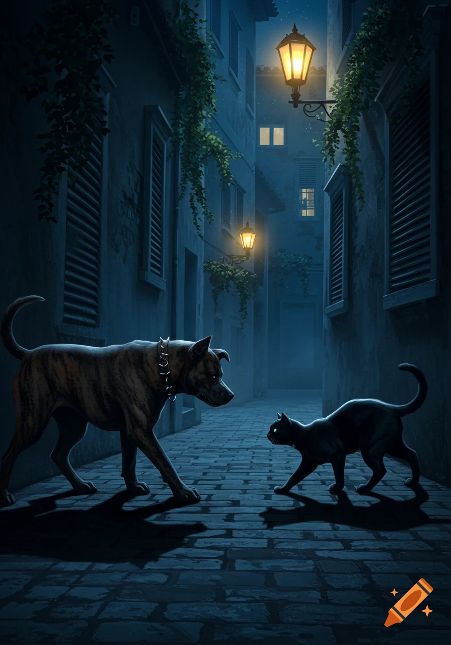 A brindle dog and a black cat face each other in a dark, cobblestone alley lit by lanterns at night.