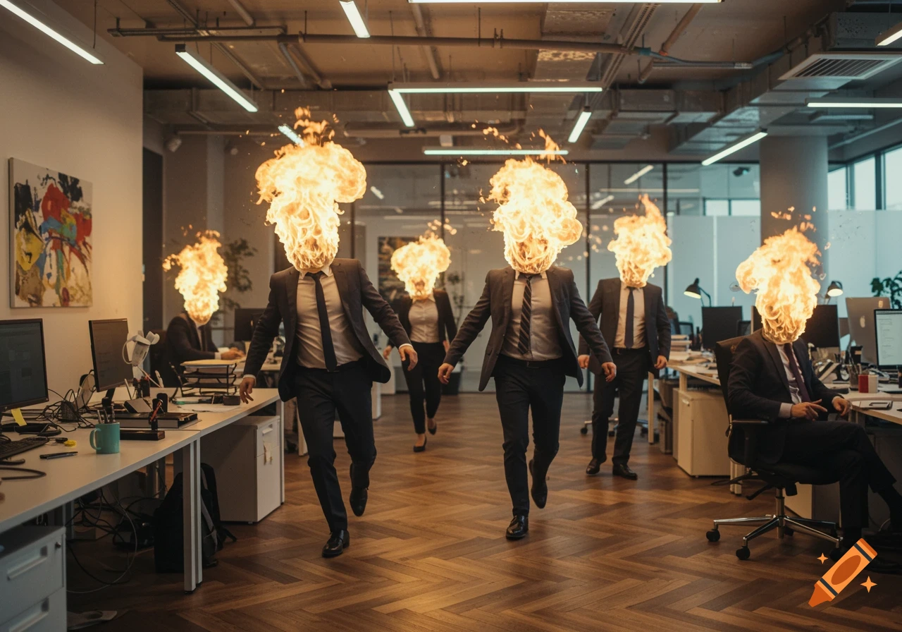 Photorealistic image of multiple people in business suits with their heads on fire, running through a modern office.
