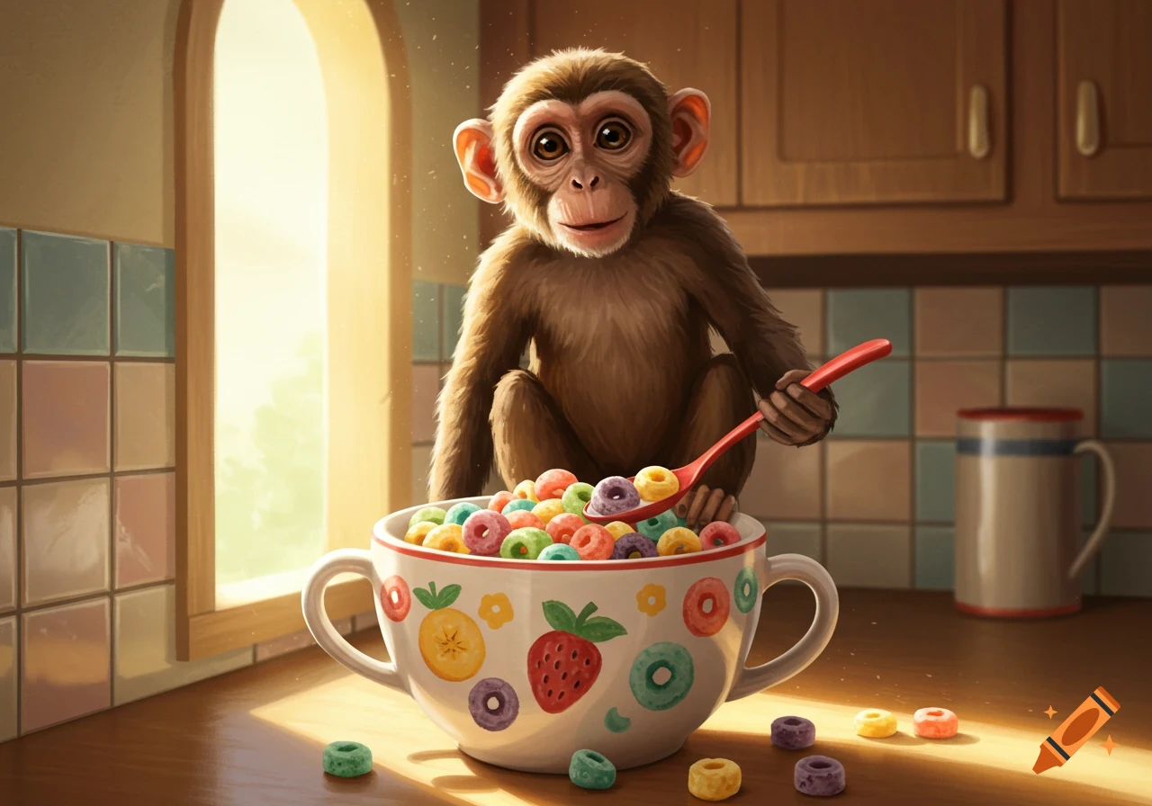 A cute cartoon baby monkey sits on a kitchen counter, holding a red spoon in a bowl of colorful loop cereal.