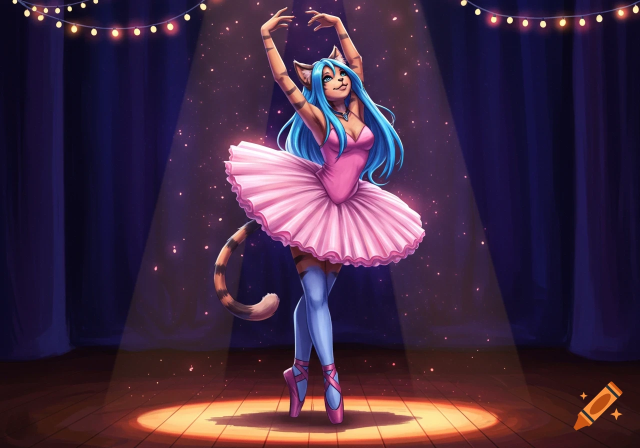 A colorful furry ballerina with blue hair and a striped tail dances gracefully in a pink tutu on a spotlighted stage.