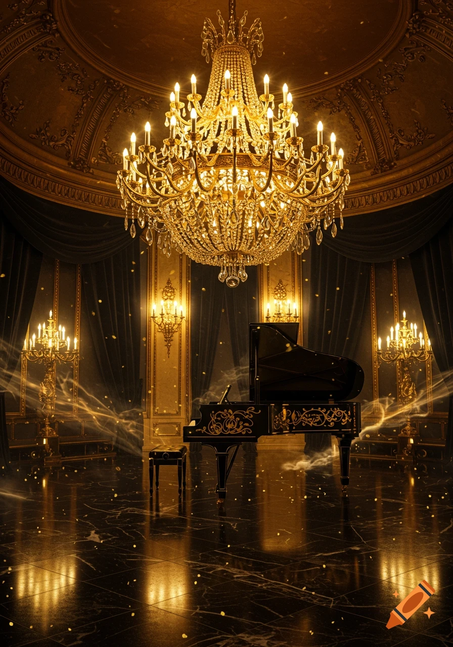 Grand opulent room with a large gold chandelier, black ornate grand piano, and dark curtains, featuring golden light effects.