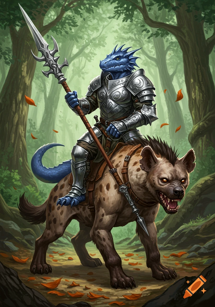 A blue armored kobold wielding a lance rides an aggressive hyena through a forest in fantasy art.