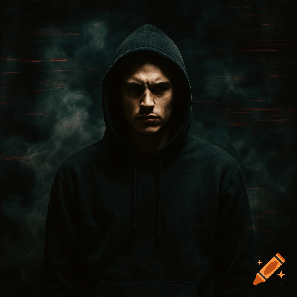 A serious young man in a dark hoodie with hood up against a smoky, glitchy background.