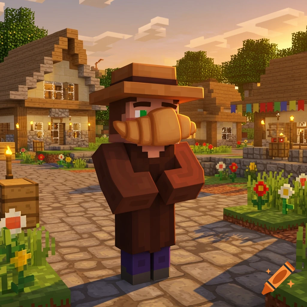A Minecraft villager with a brown hat and a croissant nose stands in a blocky village at sunset.