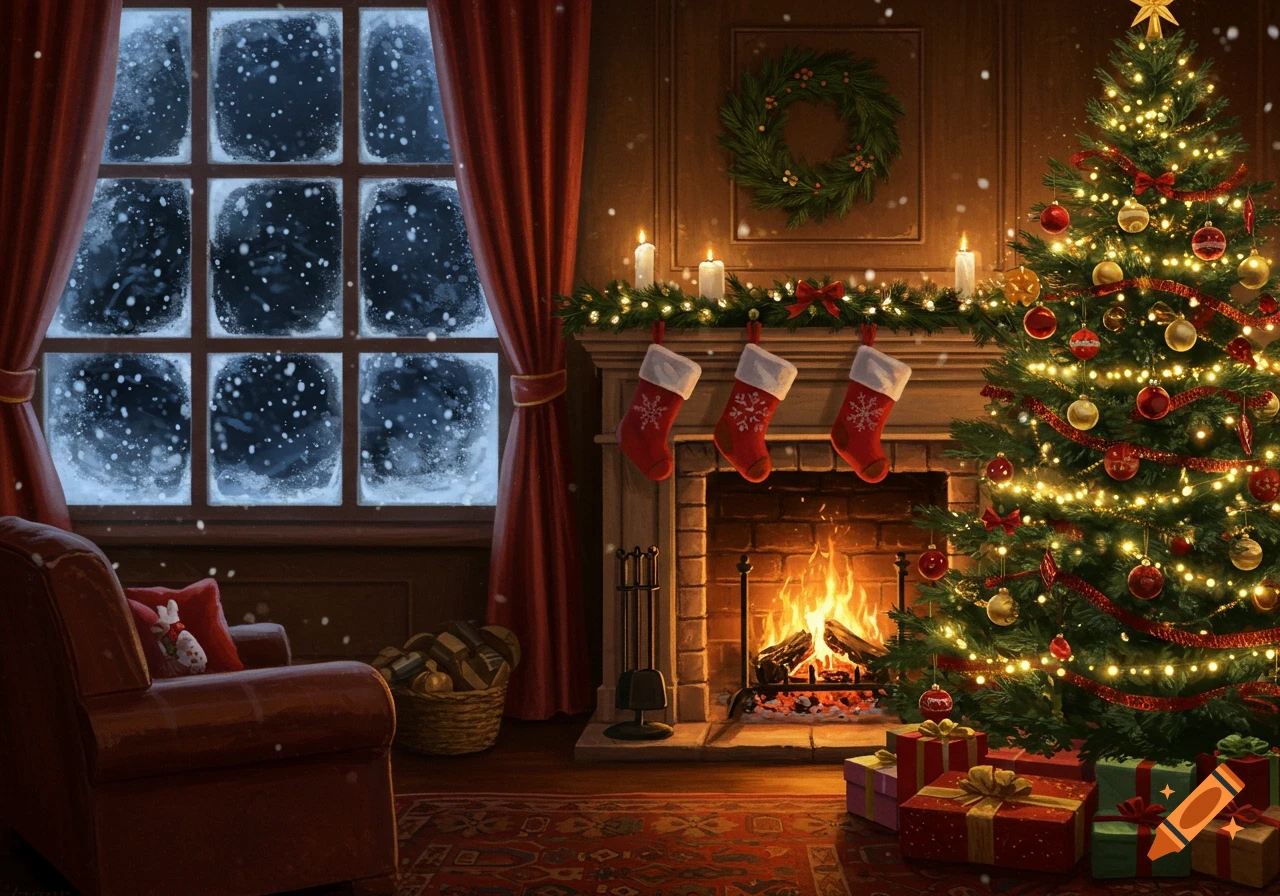 Cozy Christmas living room with a decorated tree, fireplace, stockings, and a snowy window, in a digital painting style.