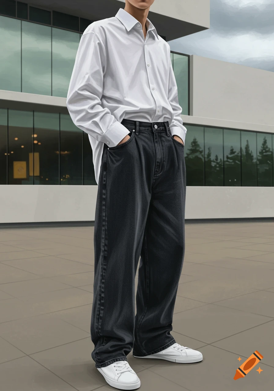 Digital illustration of a person wearing a white shirt, baggy charcoal jeans, and white sneakers in front of a modern building.