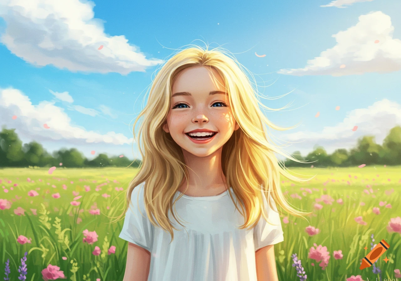 A cheerful blonde girl with freckles smiles in a sunlit field of pink flowers under a blue sky, digital painting.