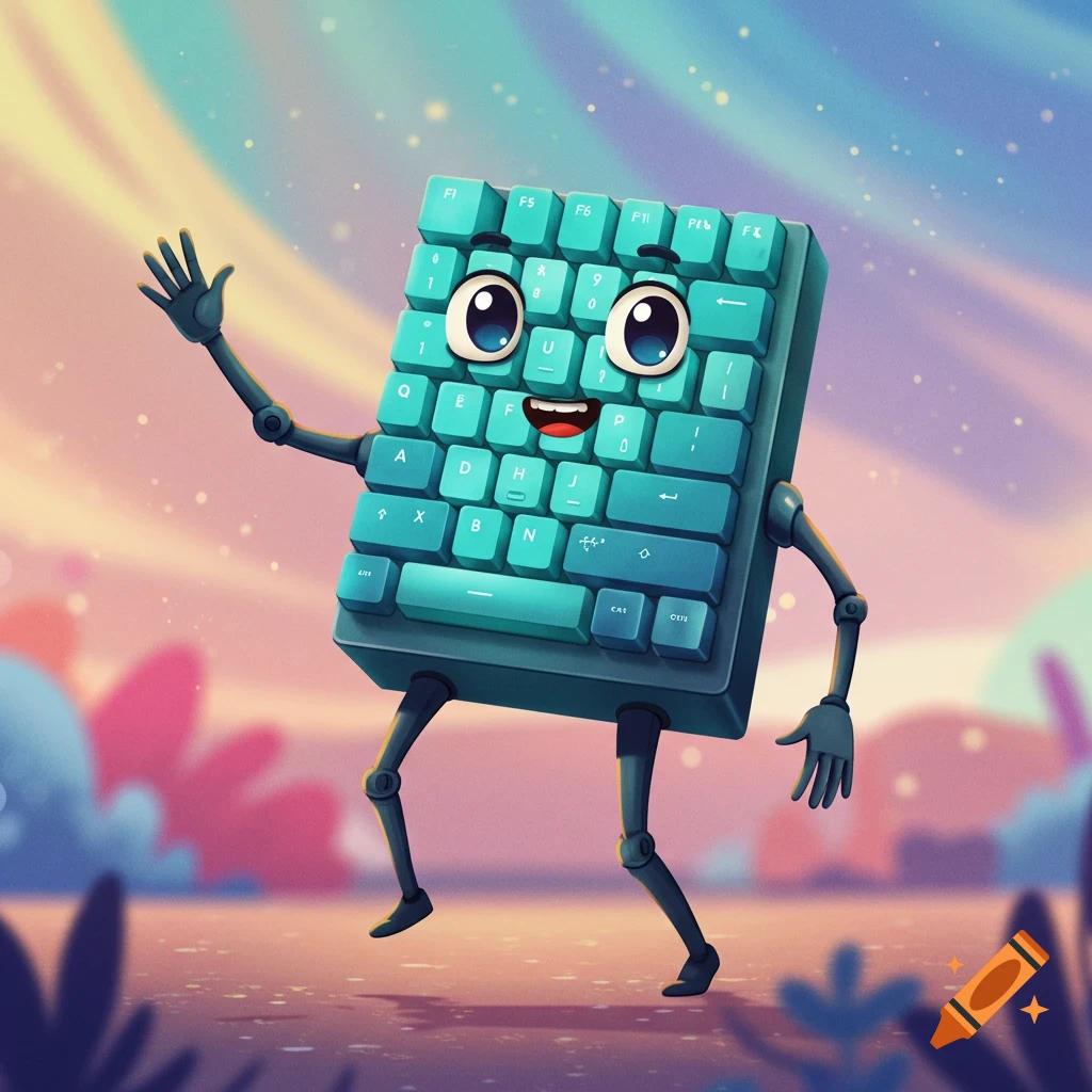 A cute, cartoon-style teal keyboard character with big eyes, a smile, and robotic arms and legs waves while walking on a whimsical, colorful background.