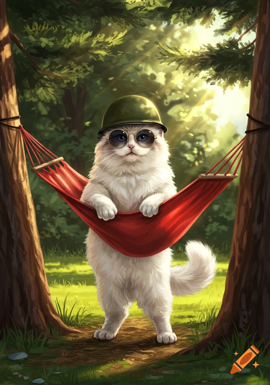 Digital art of a cute Ragdoll cat wearing a green army helmet and aviator sunglasses, standing in a sunlit forest, holding a red hammock.