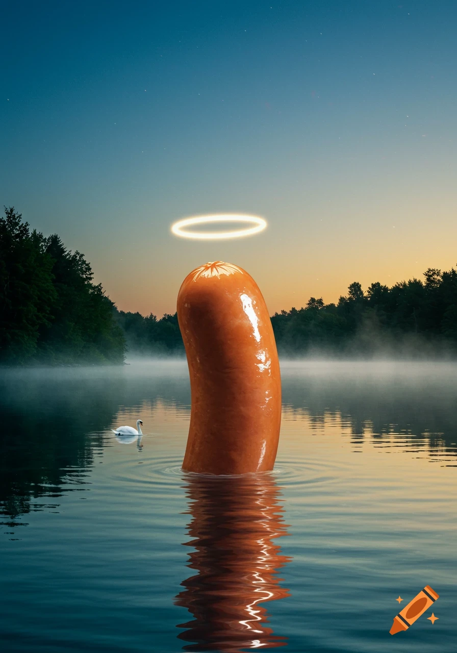 A photorealistic frankfurter with a halo rises from a misty lake with a swan and forest at sunset.