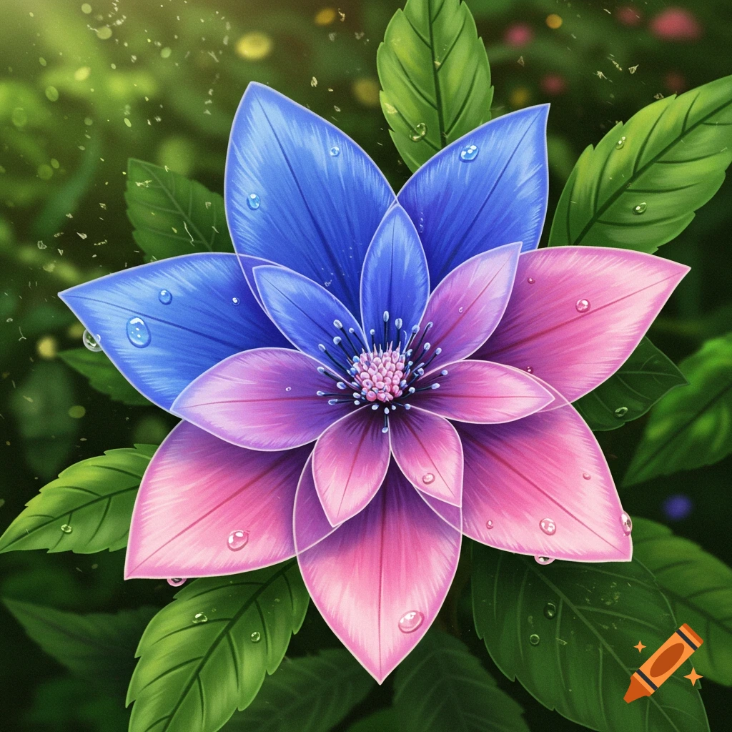 A vibrant flower with blue and pink petals and water droplets, surrounded by green leaves, against a blurred green background.