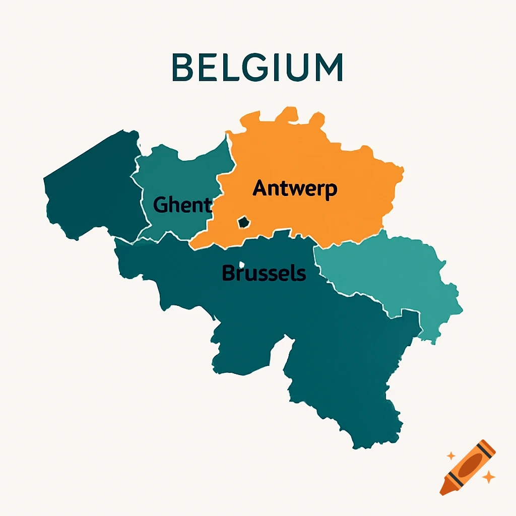 A colorful political map of Belgium, highlighting regions including Antwerp, Ghent, and Brussels.