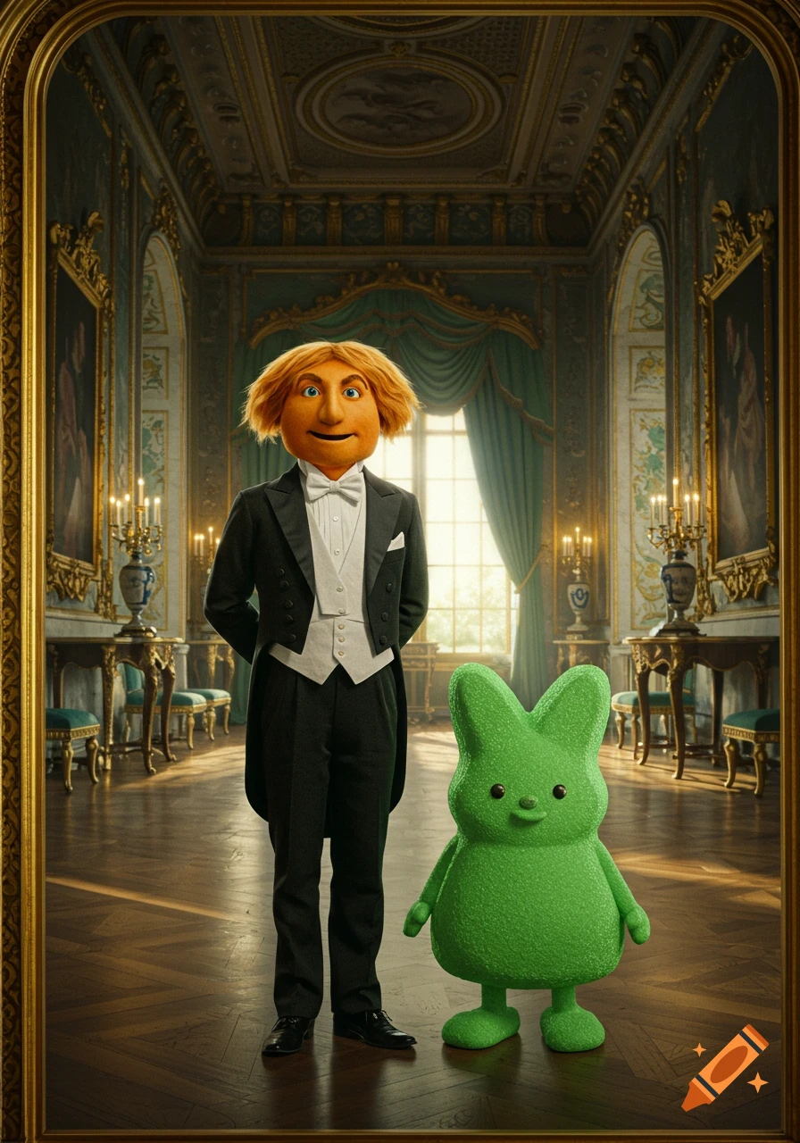A man with an orange face and blonde hair in a tuxedo stands beside a large green Peep in an opulent palace room.