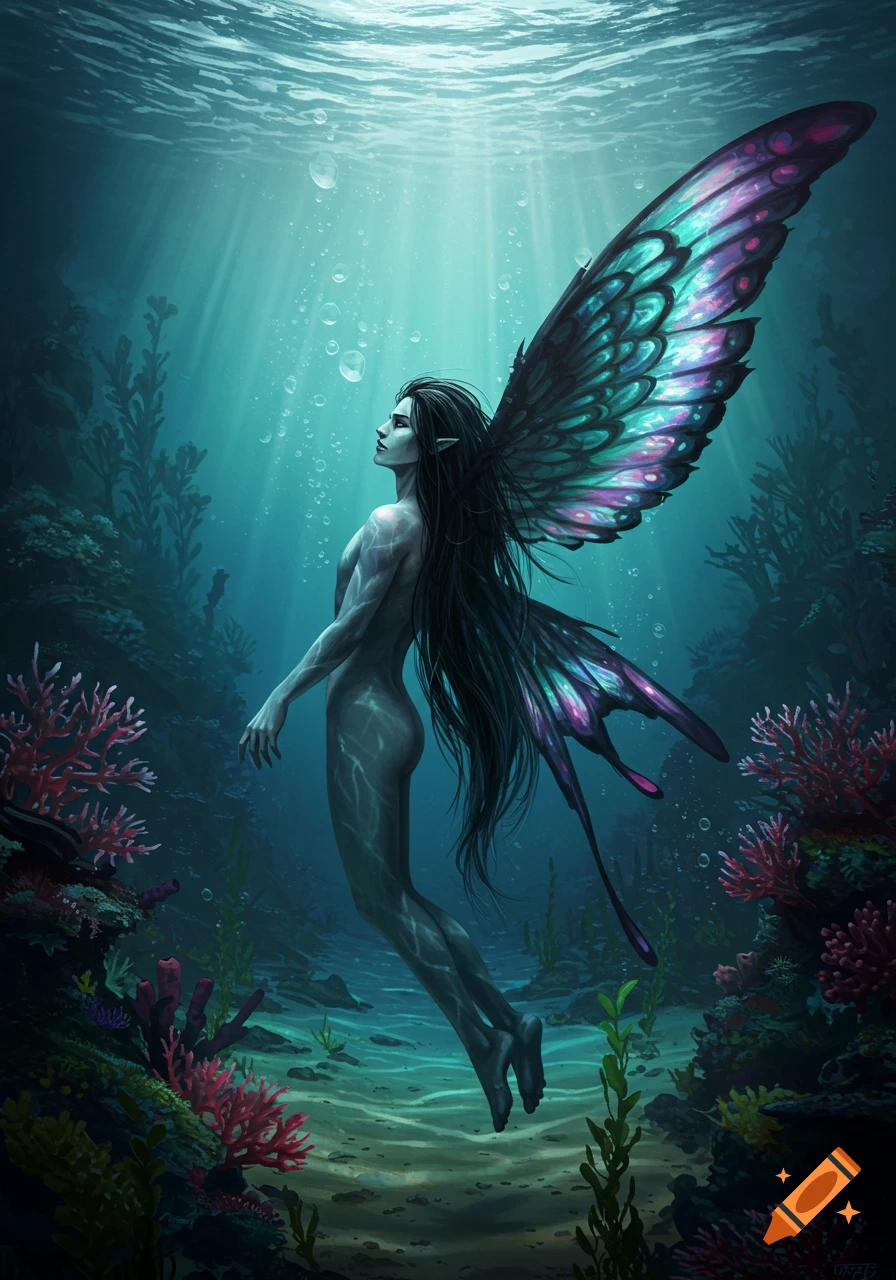 A dark-haired, winged fantasy figure with butterfly wings floats gracefully in a sunlit underwater world with coral and seaweed.