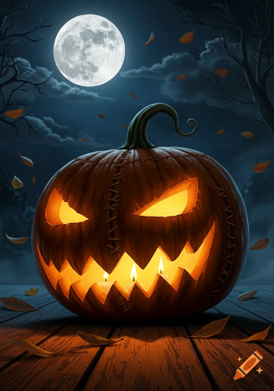 A glowing, stitched Jack-O-Lantern with candles inside sits on a wooden surface under a full moon with bare trees and falling leaves.