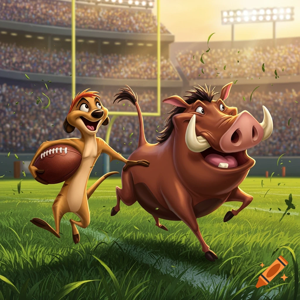 Timon runs with a football while Pumbaa sprints beside him on a grassy NFL stadium field.