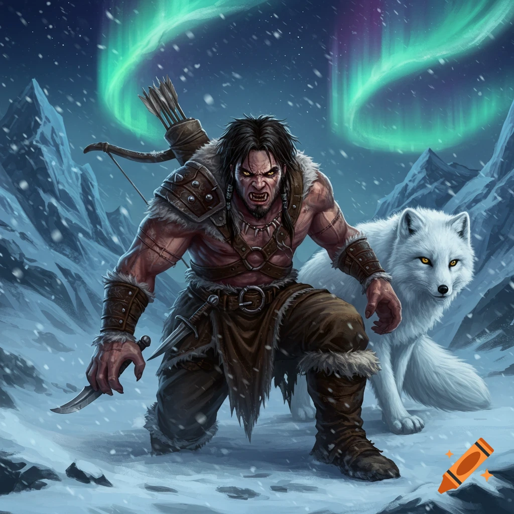 A fierce, muscular warrior with fangs and claws crouches with an arctic fox in a snowy mountain landscape under green aurora borealis.