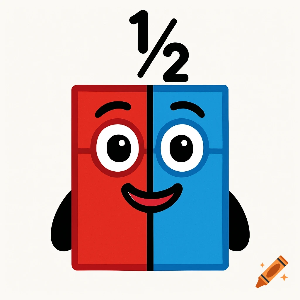 Cartoon character, half red and half blue, with large eyes and a smile, with the fraction 1/2 above its head.
